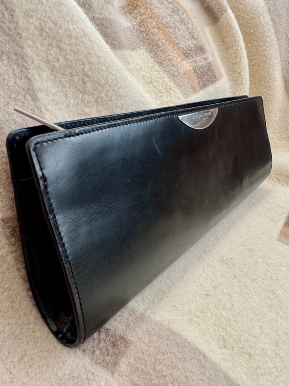 Zero Halliburton Black Leather Wallet/Clutch with Silver-Tone Hardware